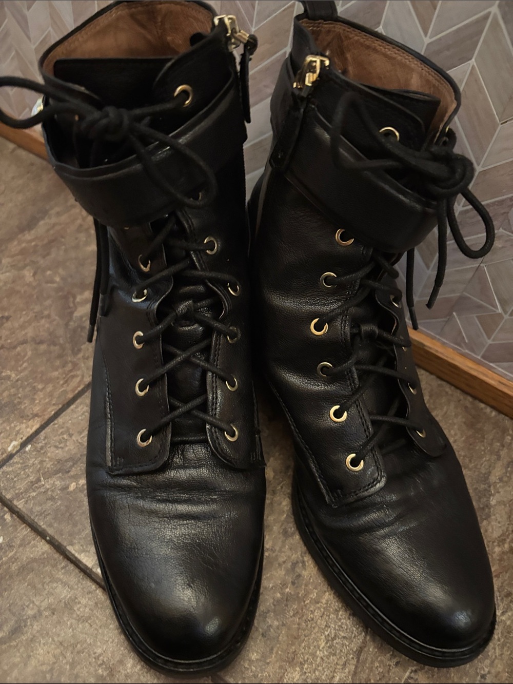 Louise et Cie Black Leather Lace-Up Moto Ankle Boots with Gold Hardware
